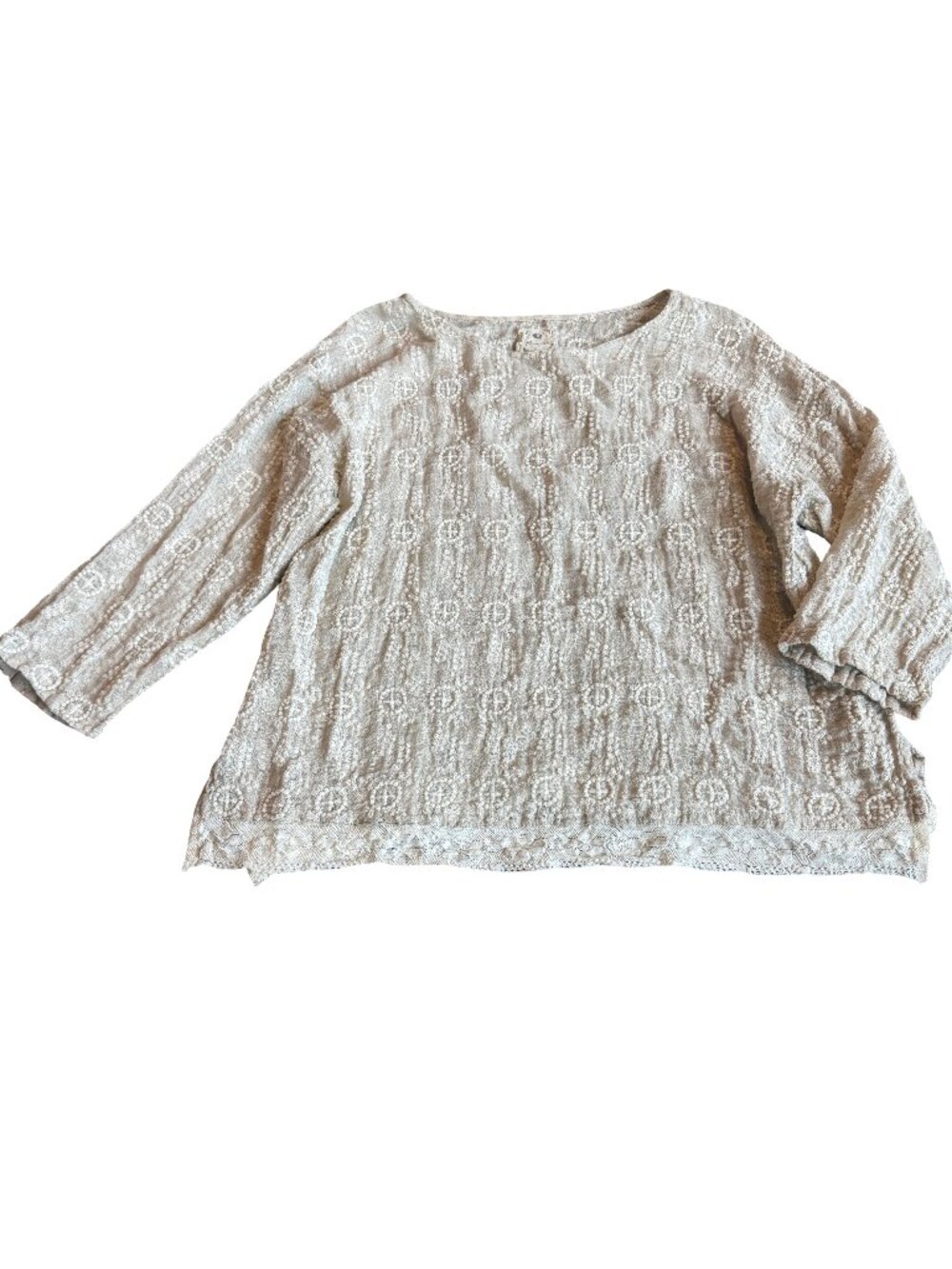 Namsar Oatmeal Embroidered Linen Tunic Dot Medallion Lace Shirt Large Women's